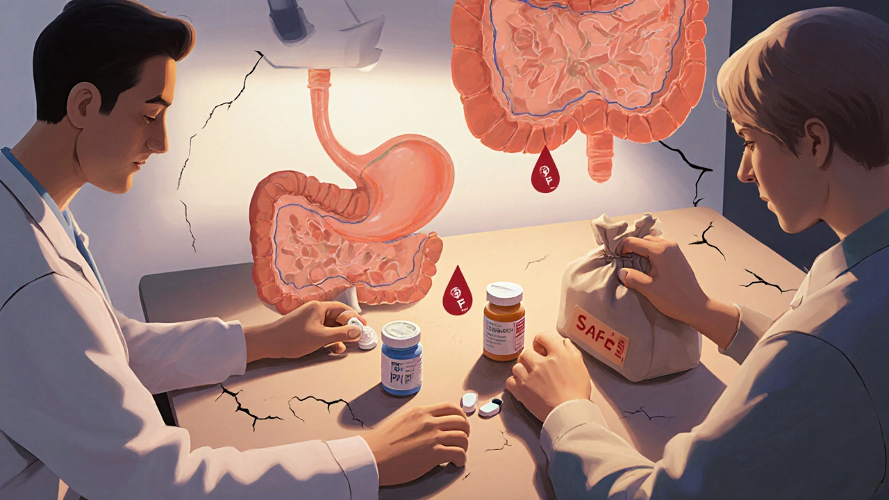 A doctor and patient replacing dangerous painkillers with safe alternatives and a protective PPI capsule.