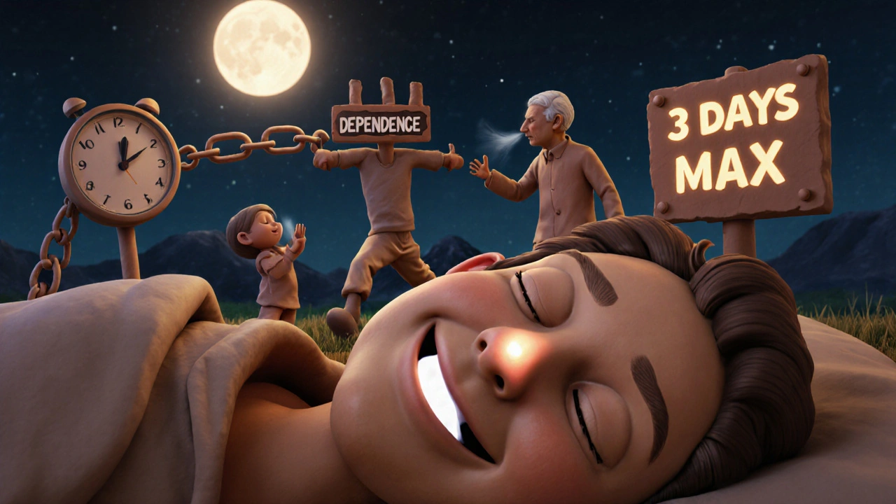 A person sleeping peacefully with clear nasal passages, surrounded by symbols of recovery and freedom from spray dependence.