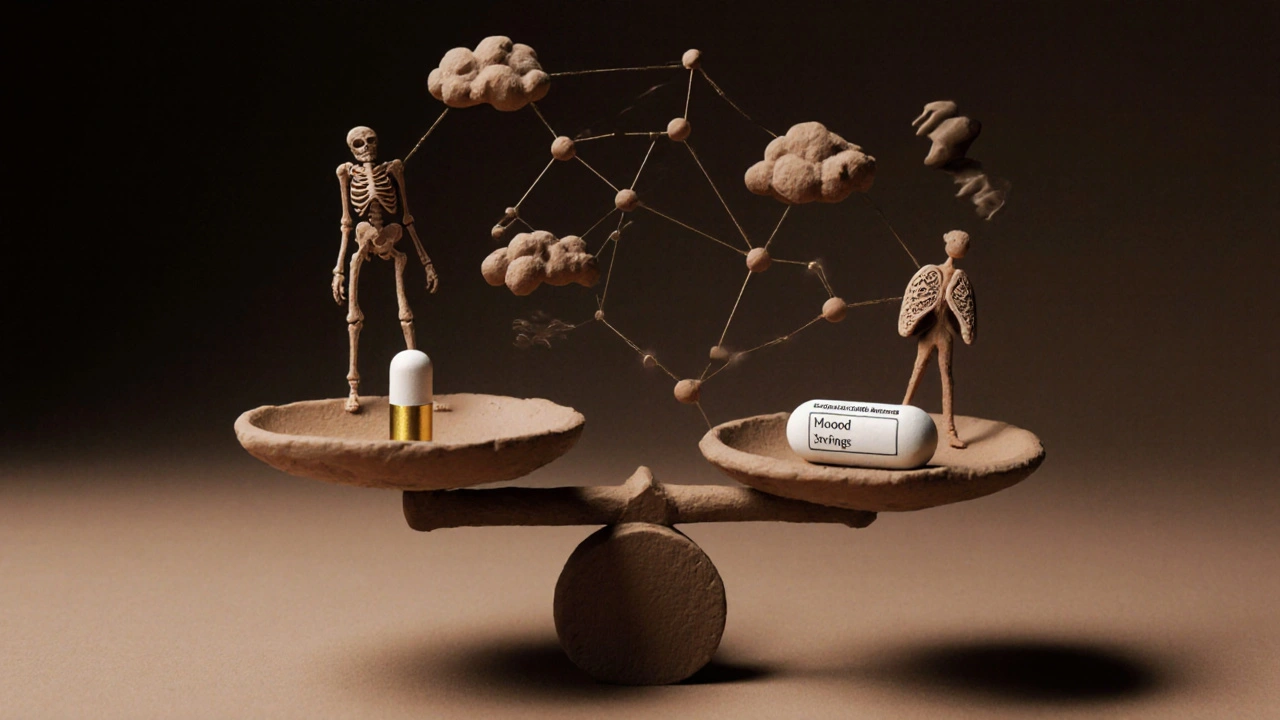 Balancing scale with dexamethasone benefits versus long-term risks in clay art.