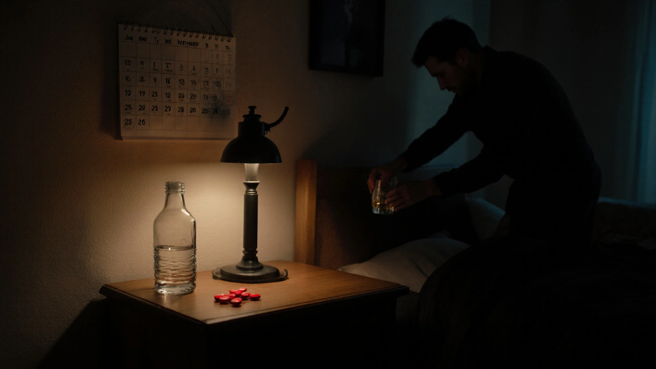 Bedroom nightstand with red pill, water glass, and weekend calendar.