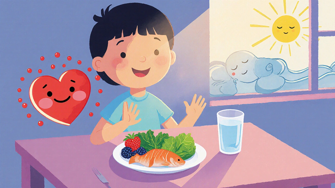 Child eating healthy food while a glowing heart shows inflammation fading.