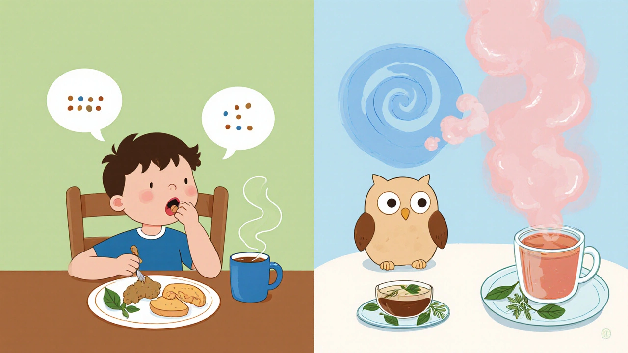 Child eats slowly at a table while an owl demonstrates breathing; ginger and chamomile tea nearby.