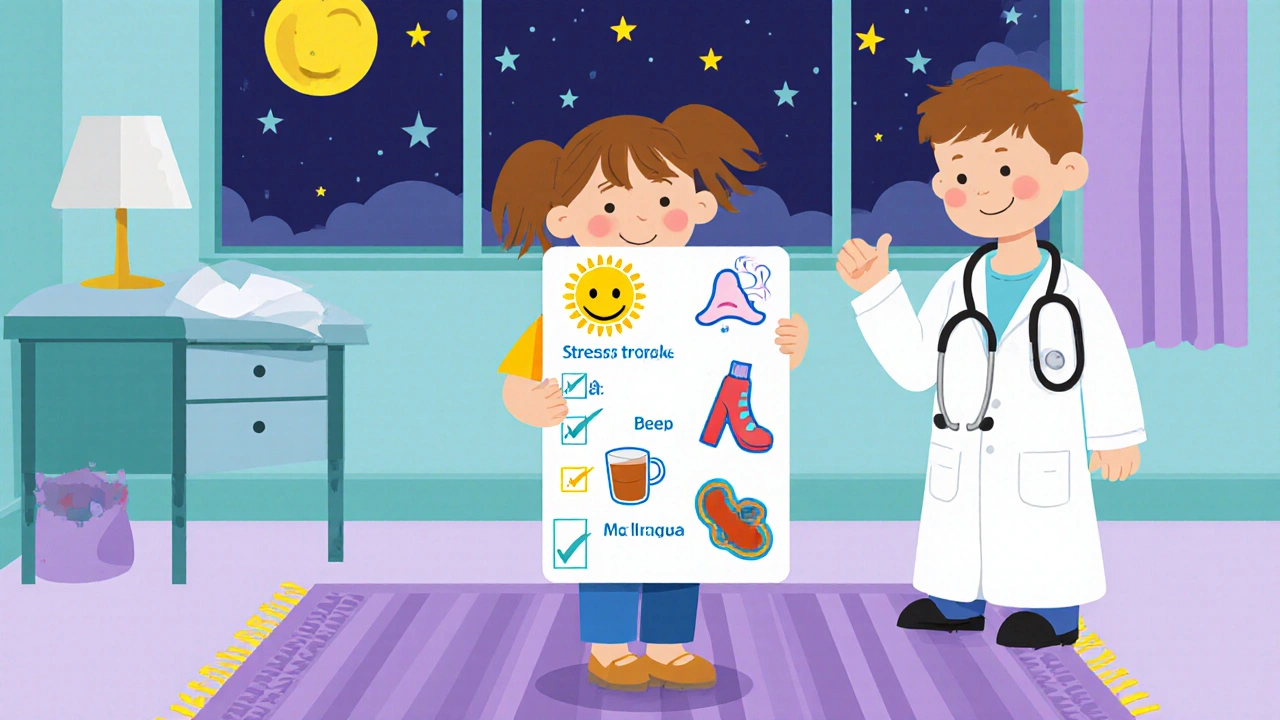Child holds a checklist with check marks; friendly doctor stands nearby in a calm bedroom.