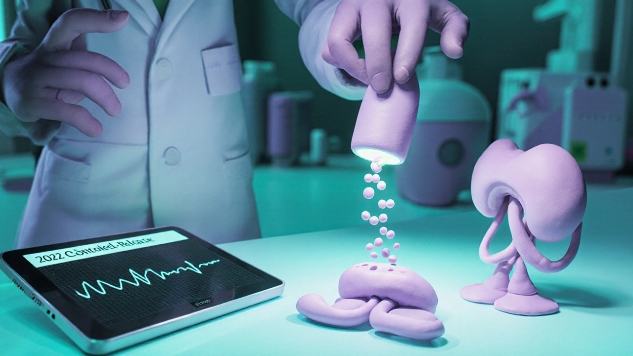 Clay cartoon of a modern lab showing nanoparticle delivery of Bethanechol to a bladder model.