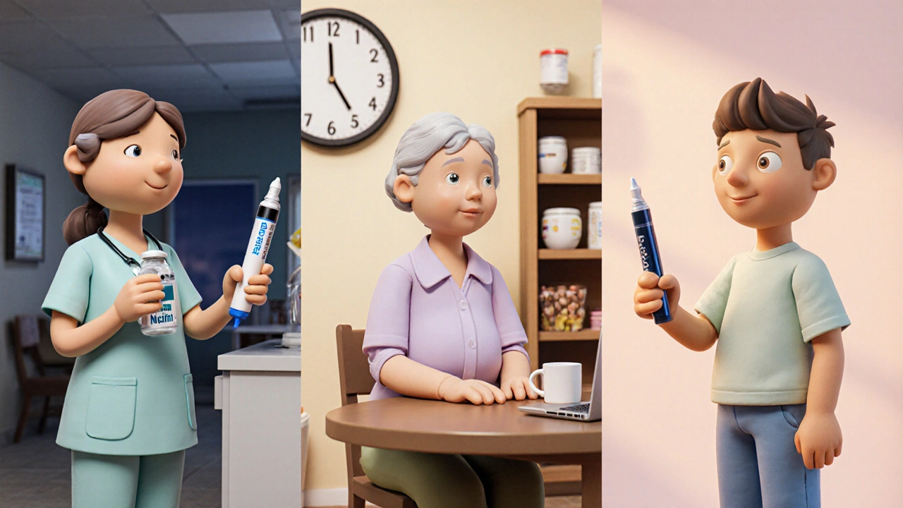 Clay characters: nurse, retiree, and young adult each holding their preferred insulin.