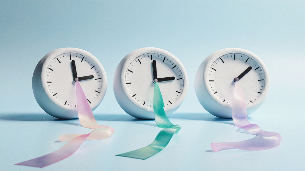 Clay clocks with flowing ribbons showing flat and peaked insulin release patterns.