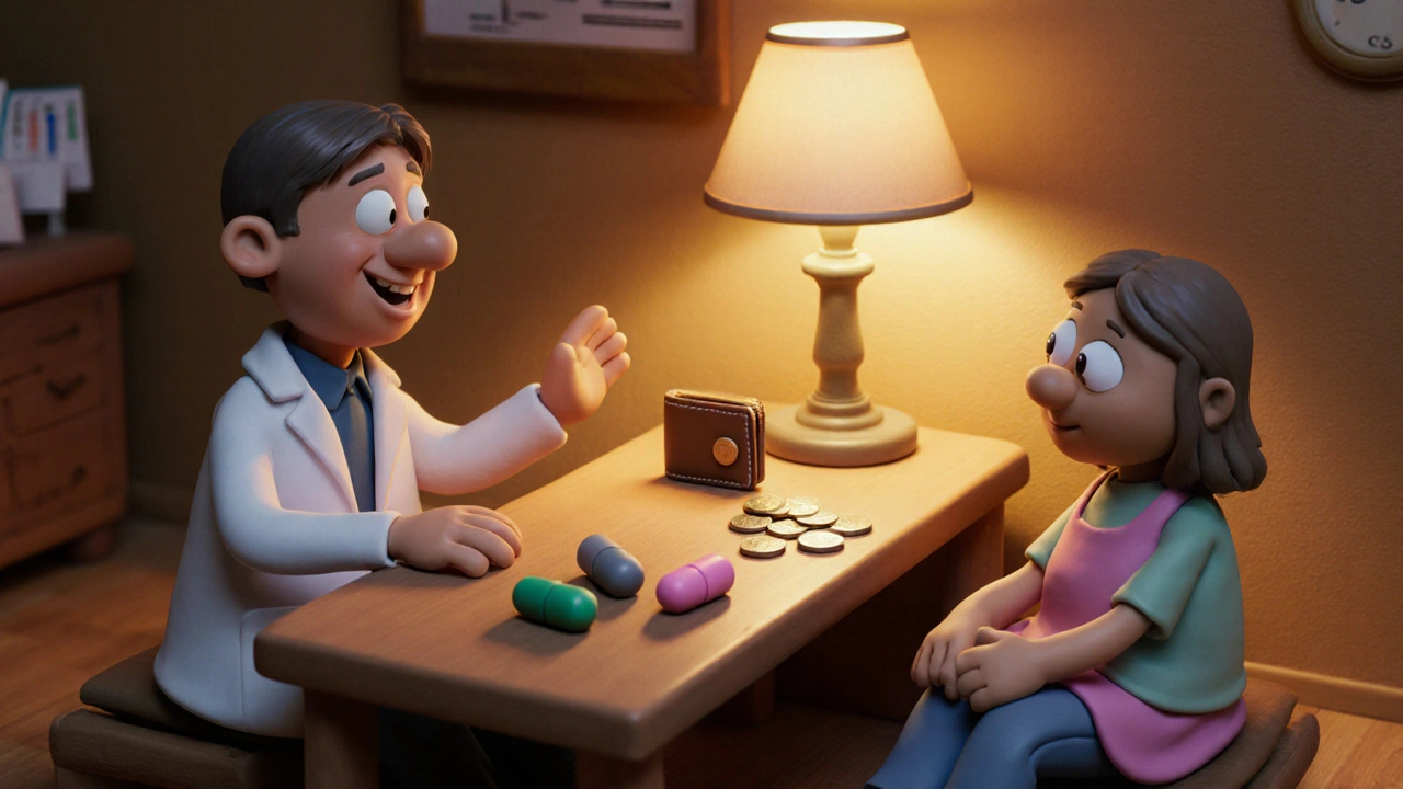 Clay doctor and patient discuss medication options over a table with generic capsules and a wallet.
