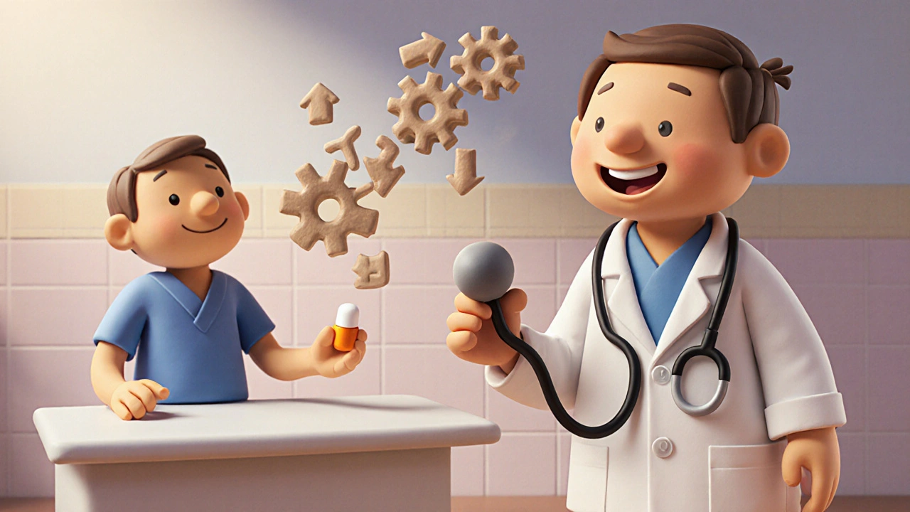 Clay doctor and patient with a gear‑like decision path indicating medication choices.