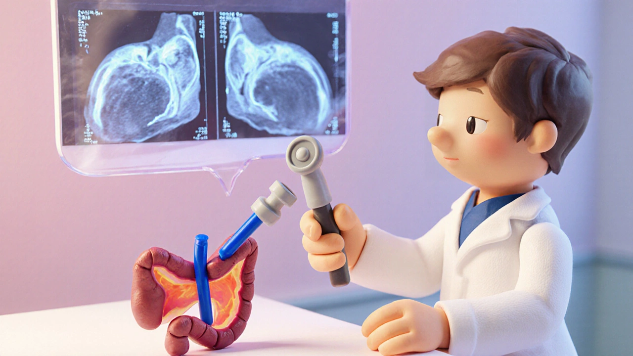 Clay doctor reviewing a scan while a clay endoscope places a stent in a pancreas model.