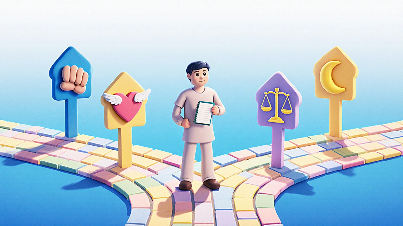 Clay figure at a crossroads with signposts for pain, sexual side effects, weight, and sleep.