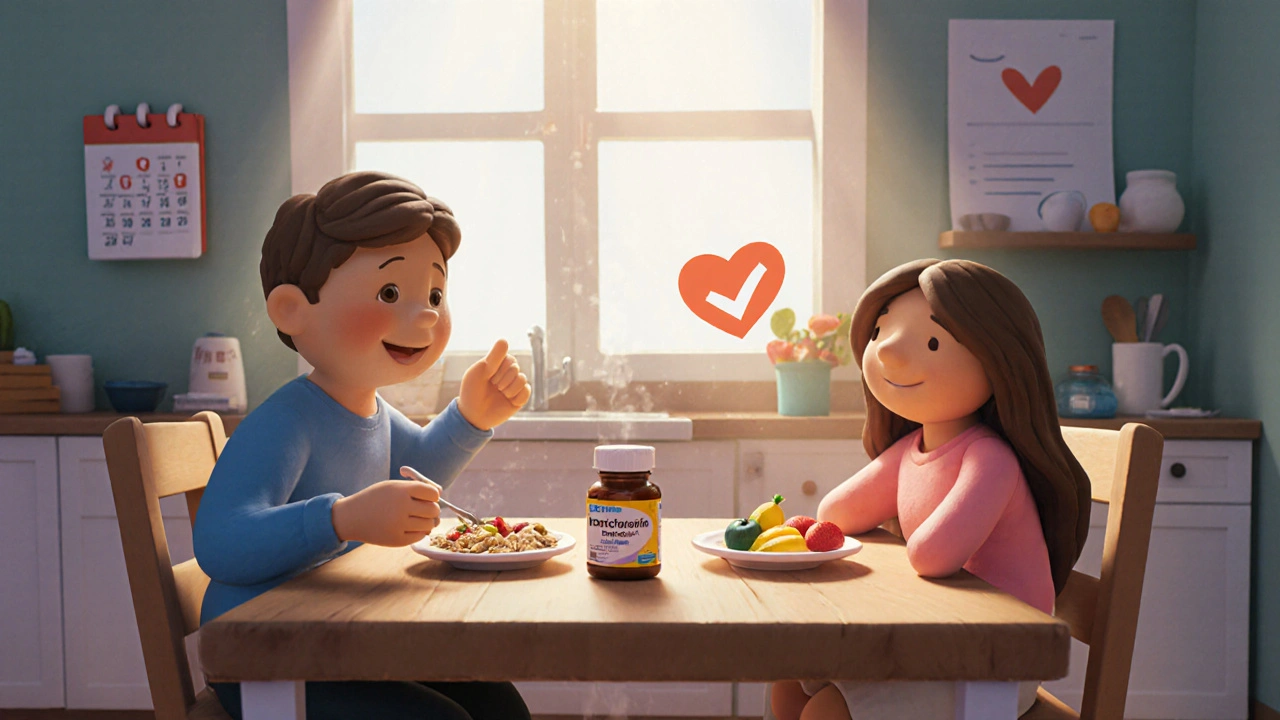 Clay figure eating a small meal with enzyme pills, supported by a friend, in a bright kitchen.