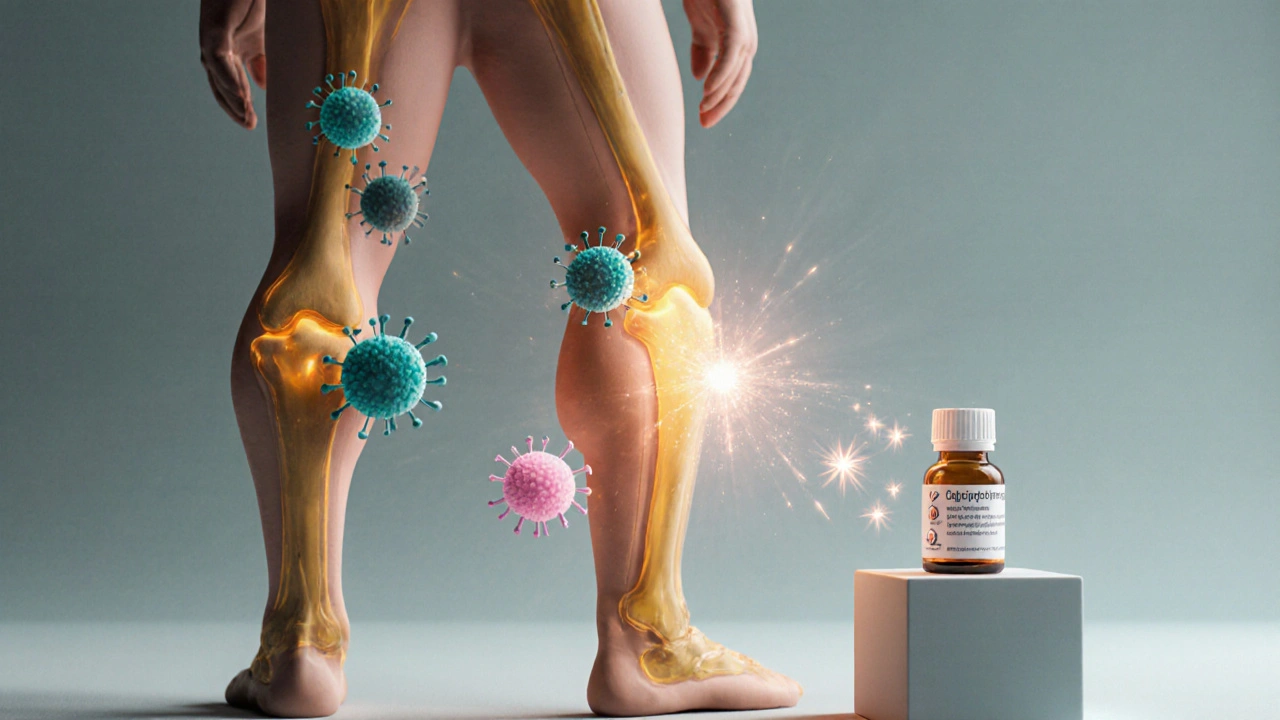 Clay figure showing joints with reduced inflammatory cells and calcipotriene vial.