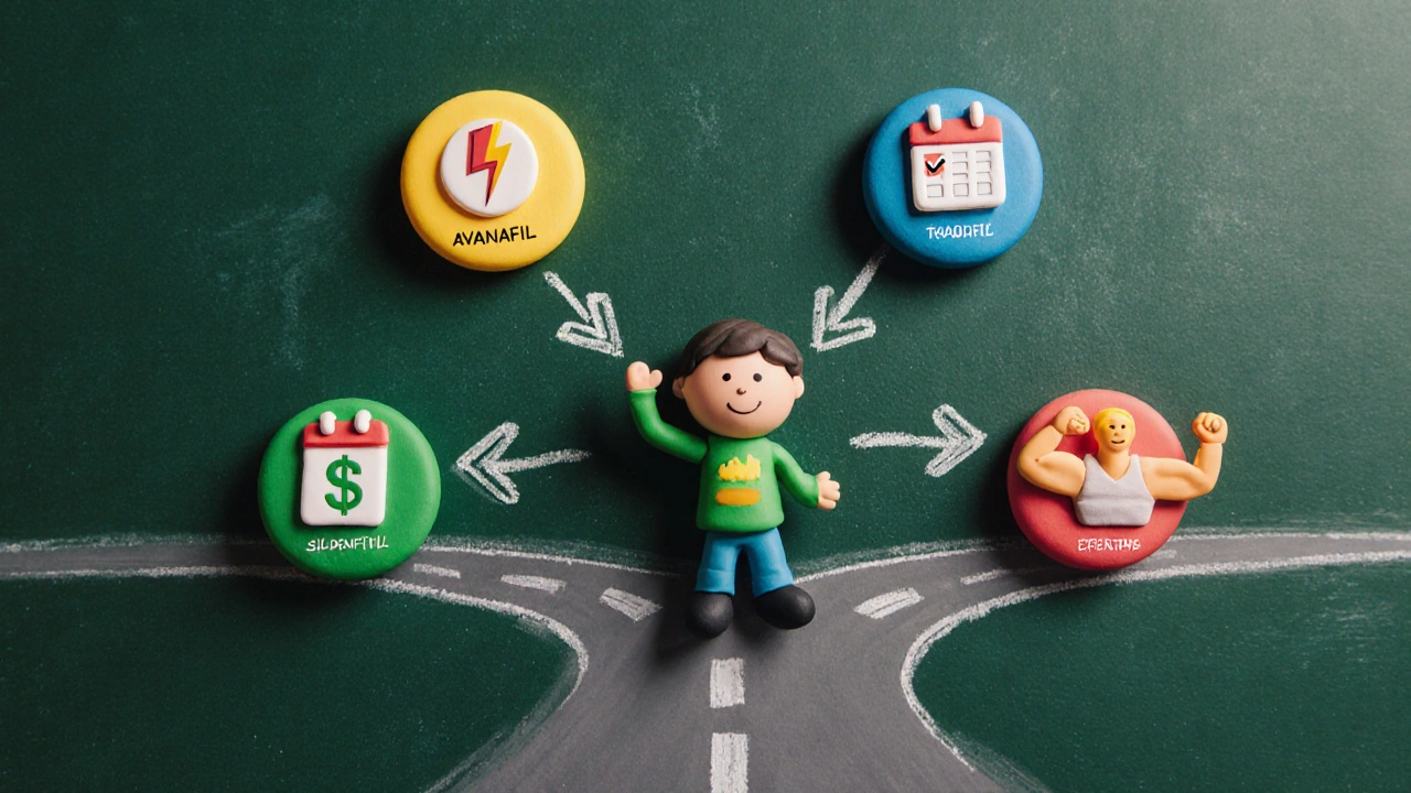 Clay illustration of a decision tree with icons for speed, weekend use, cost, and strength guiding medication choice.