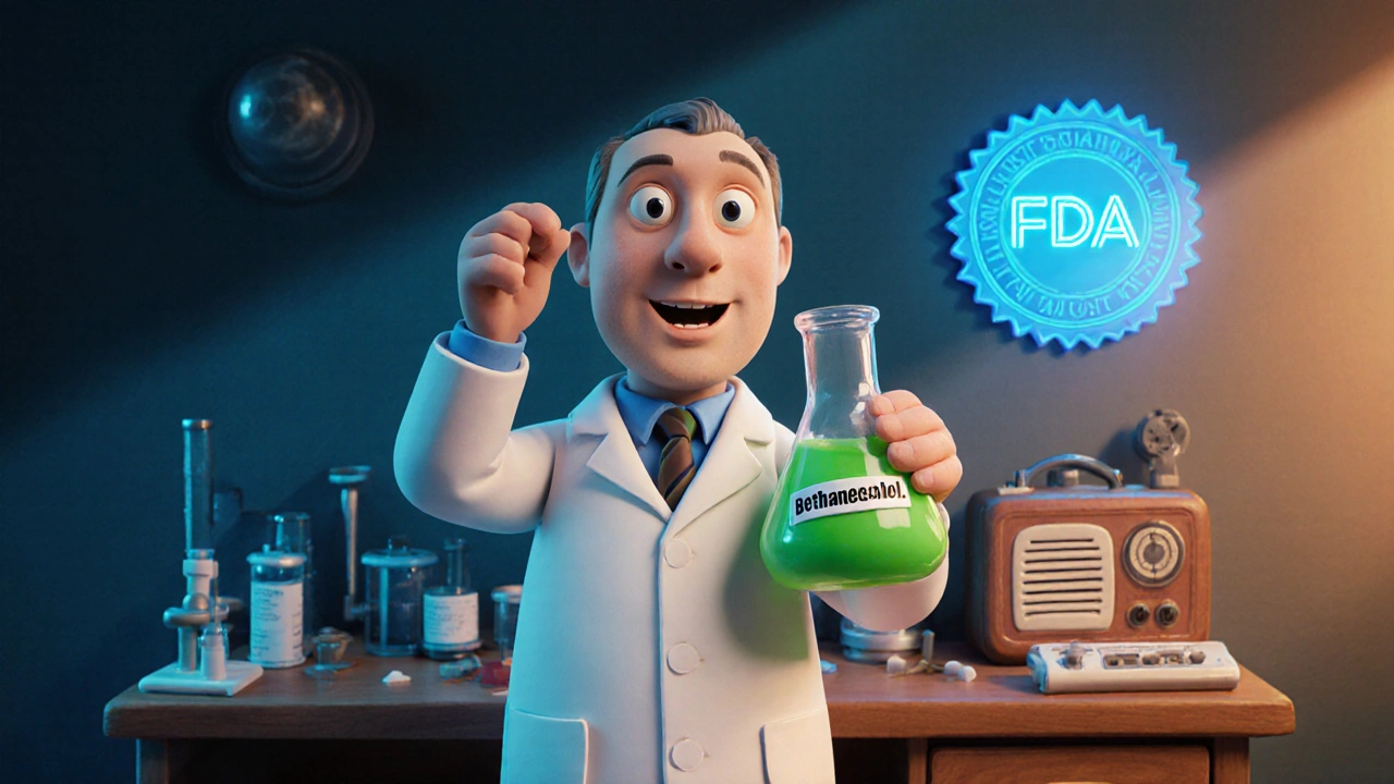Clay illustration of chemist Montgomery holding a Bethanechol flask beside a blue FDA approval seal.