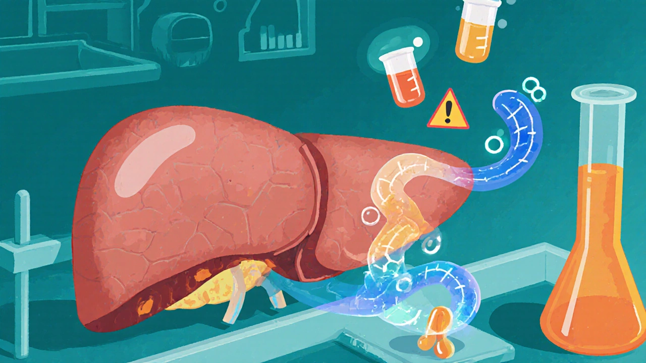 Clay liver receiving blue statin and orange vitamin A streams with test tube icons.