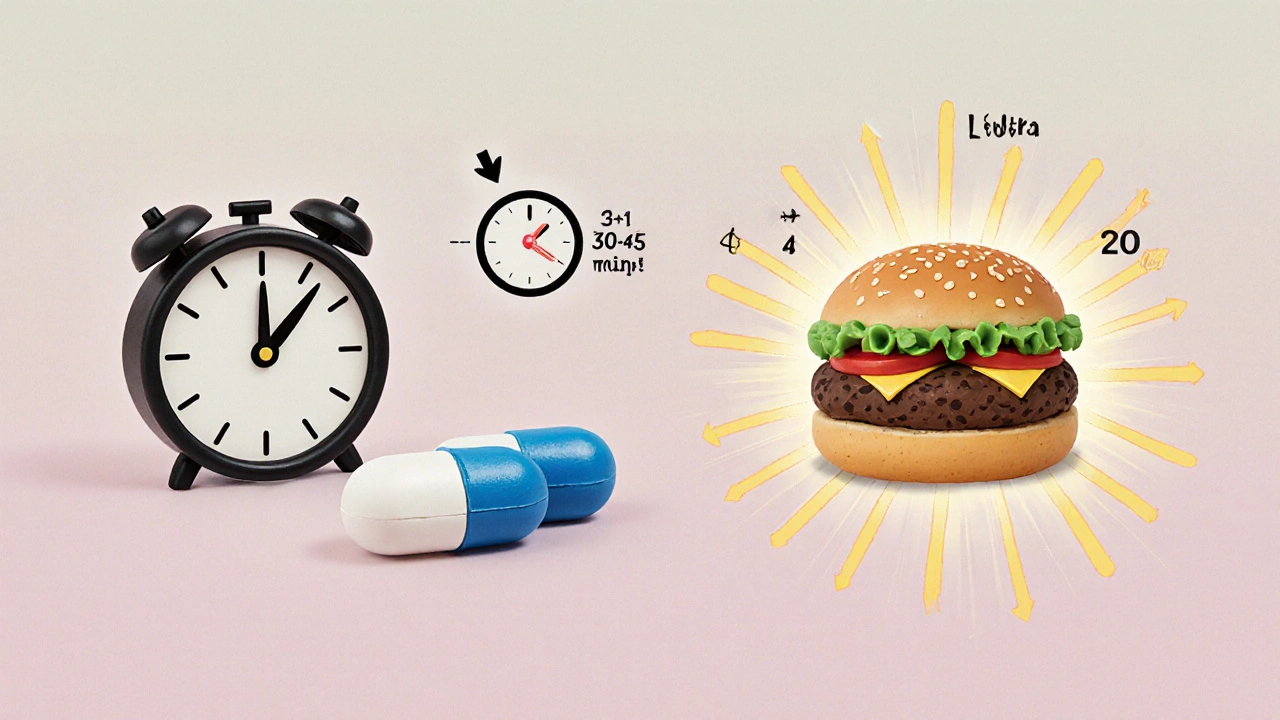Clay-rendered clock and tablets showing Levitra Extra 20 mg onset, duration, and high‑fat meal delay.