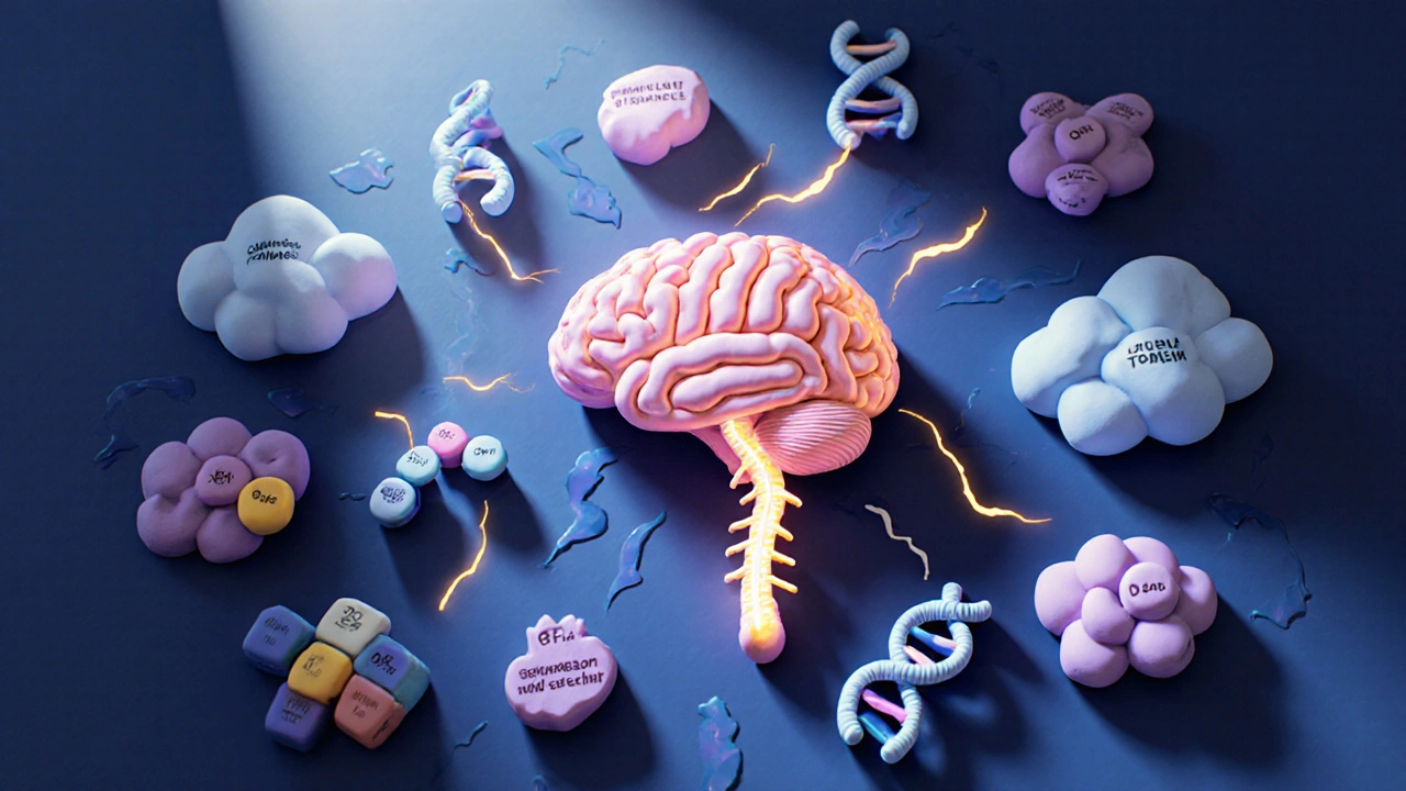 Clay rendering showing brain, spinal cord, DNA, and neurotransmitters representing causes of fibromyalgia.