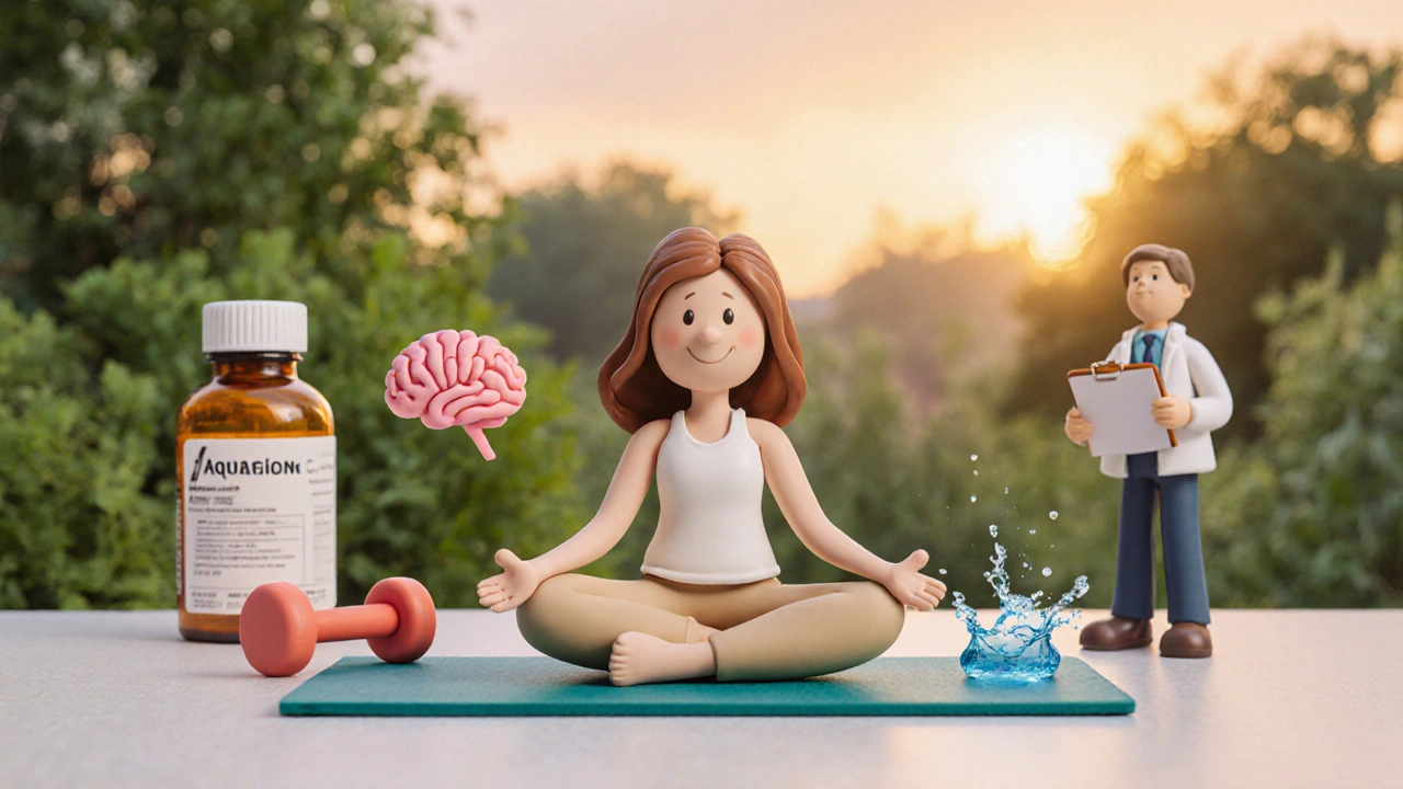 Clay scene depicting yoga, exercise, medication, and therapy as a combined treatment plan.