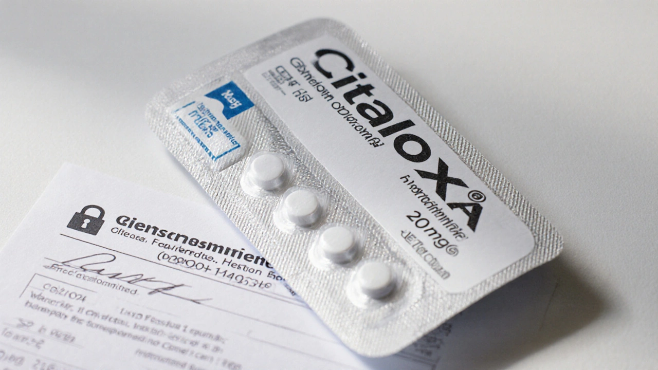 Close-up of generic Celexa blister pack beside a prescription and lock icon.