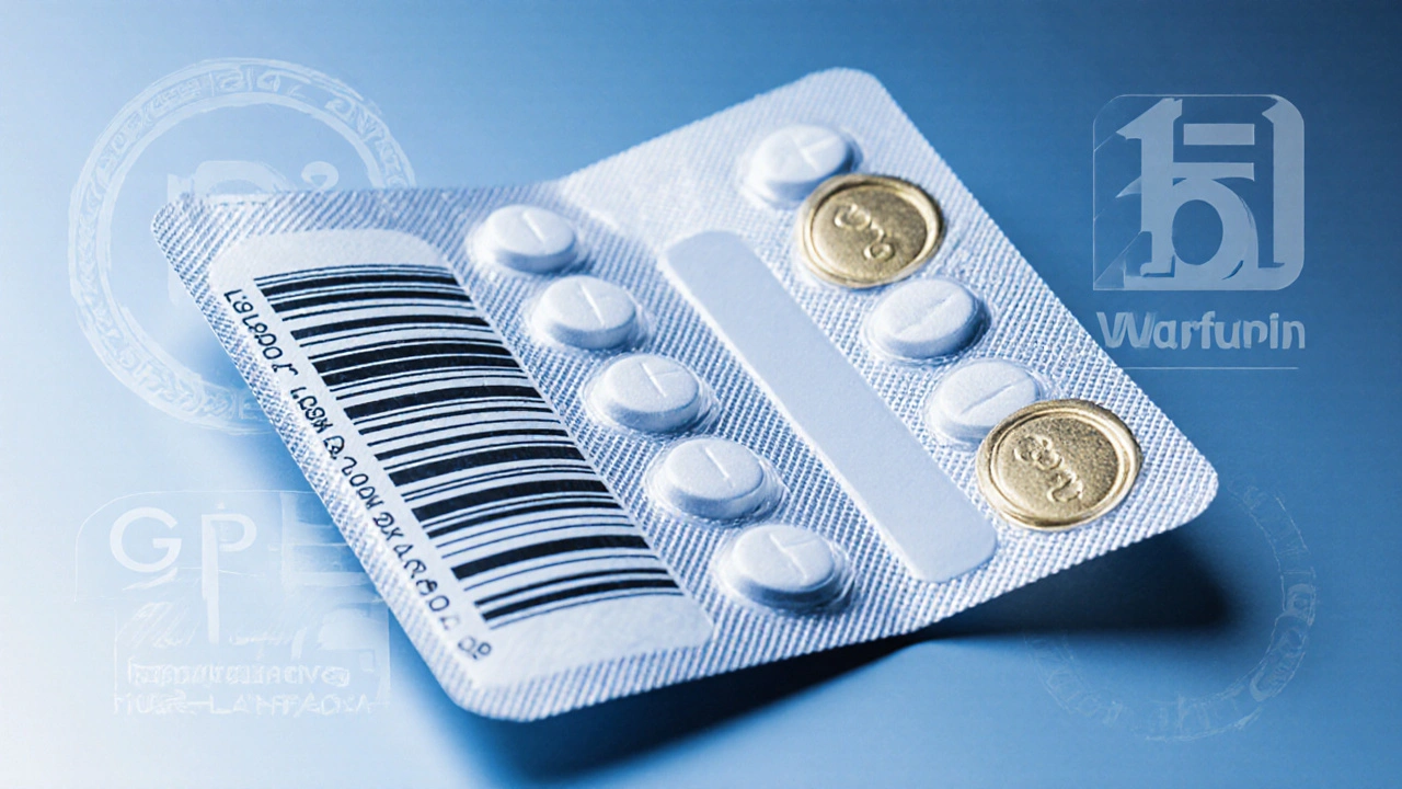 Close‑up of warfarin blister pack showing tablets, barcode and tamper seal with regulatory symbols.