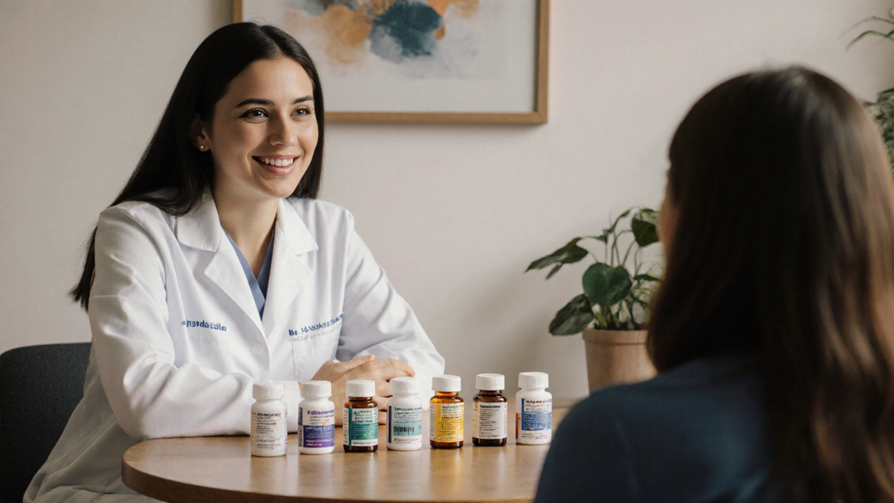 Doctor and patient at a table with colorful pill bottles, warm lighting, and a calming clinic setting.