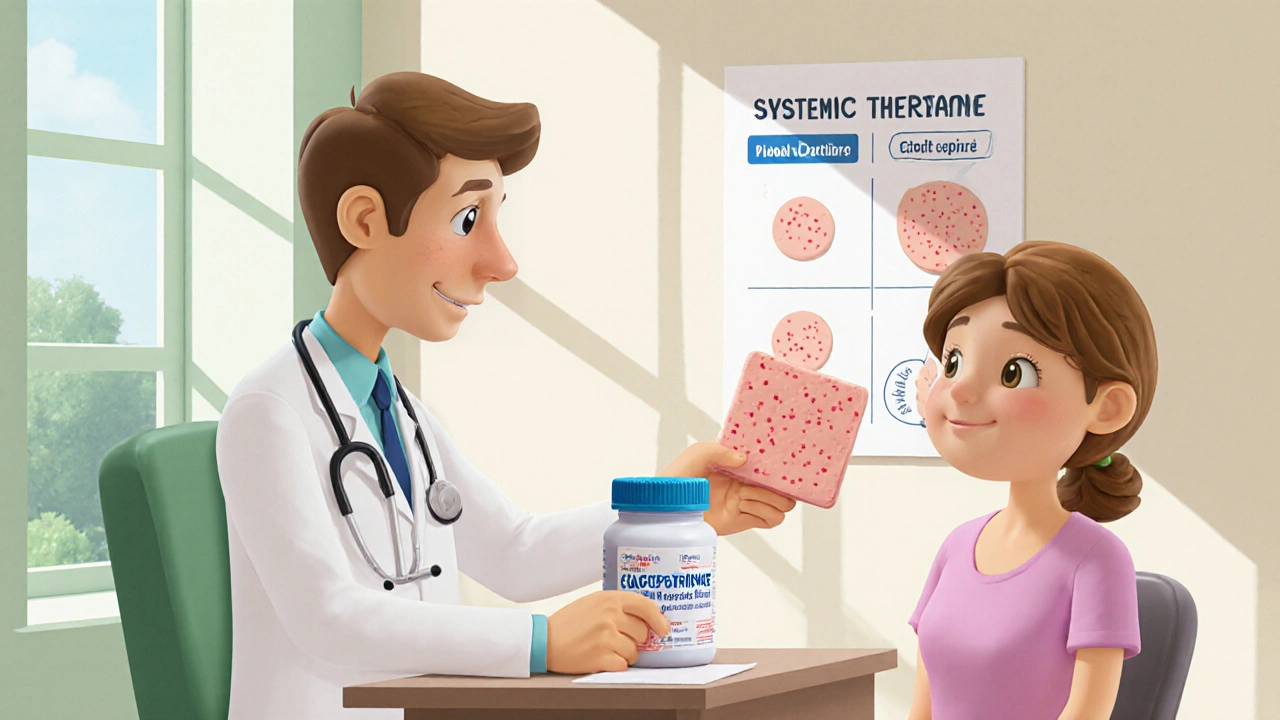 Doctor and patient discussing treatment with calcipotriene in a cozy clinic.