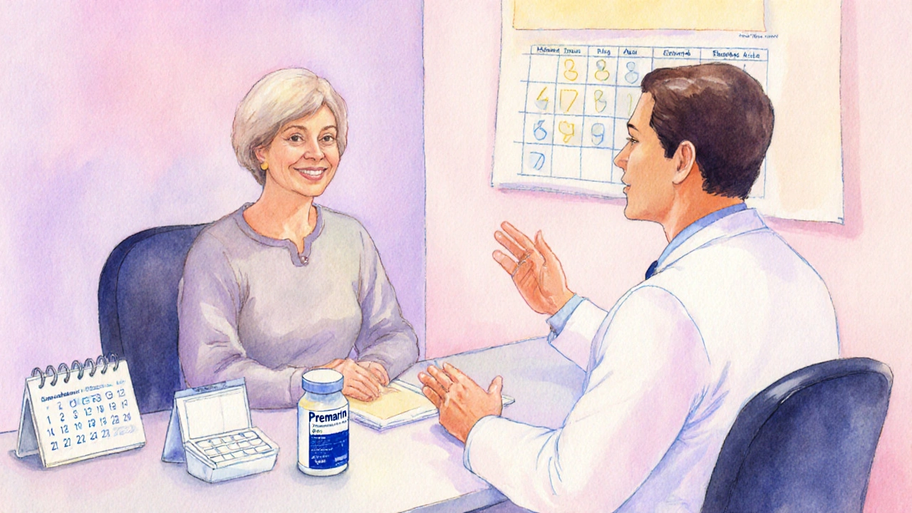 Doctor consulting a woman about hormone therapy with generic Premarin bottle on the table.