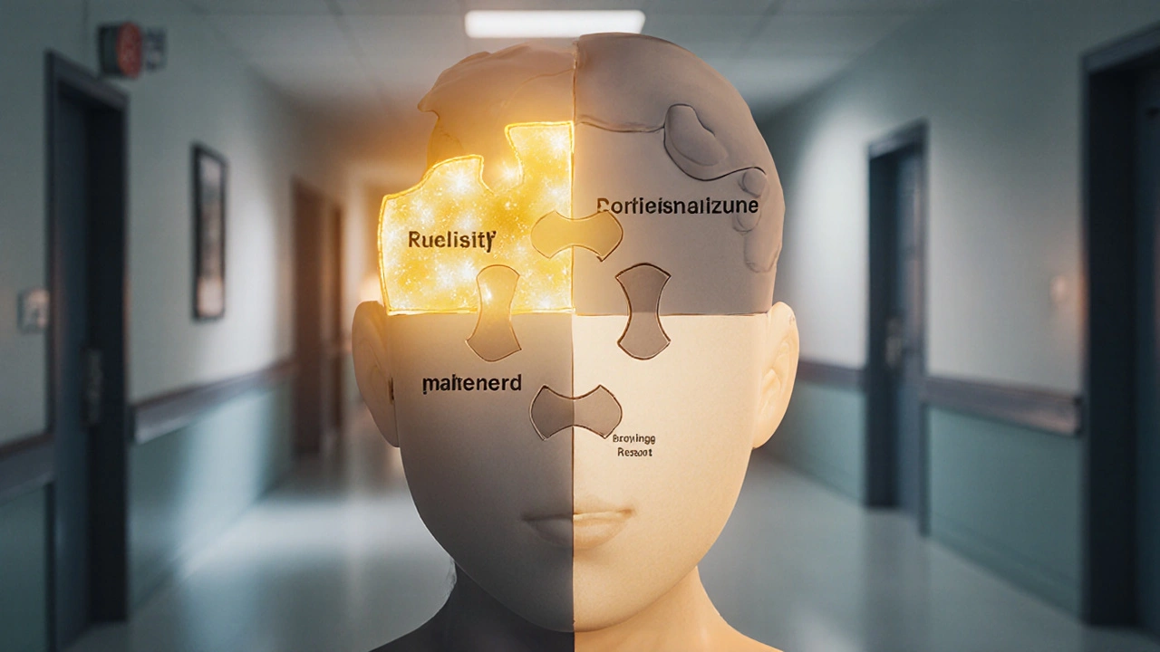 Fragmented human figure with glowing Clozaril piece among other treatment options