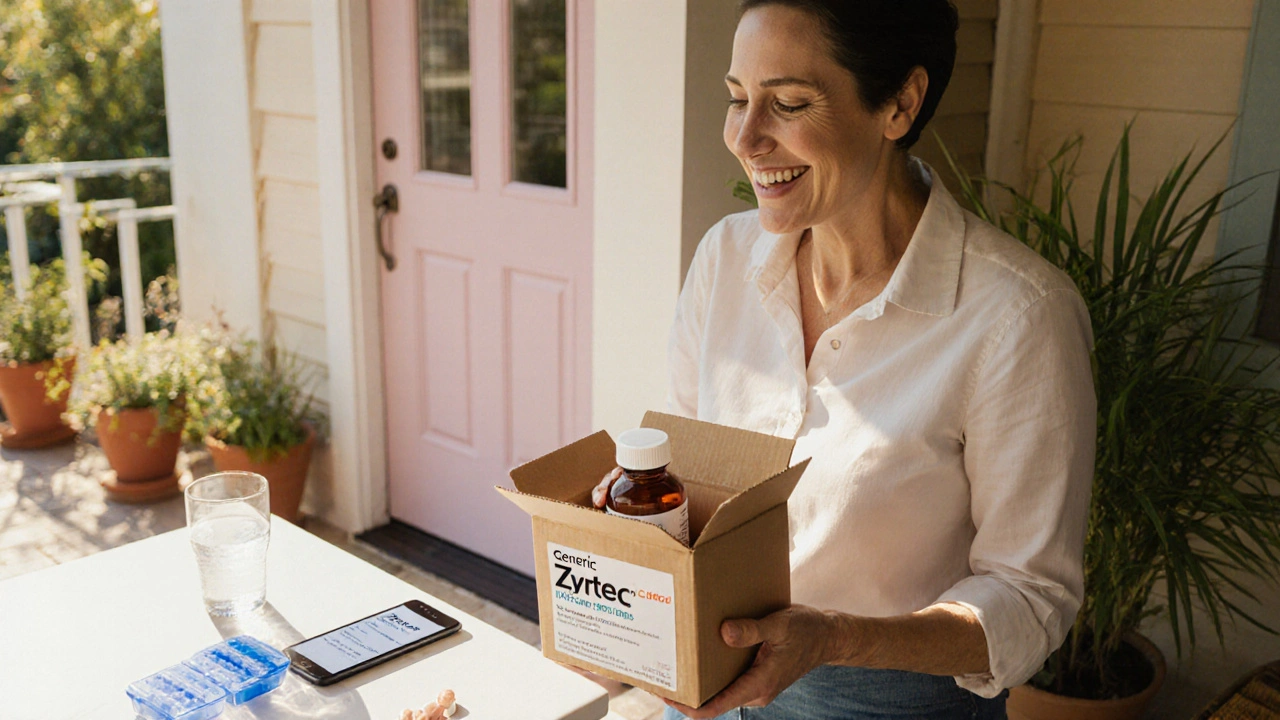 Happy person opens a parcel with generic Zyrtec bottle on a sunny porch.