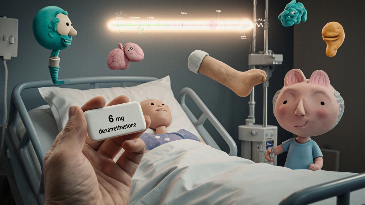 Hospital scene showing dexamethasone treatment with floating side effects in clay style.