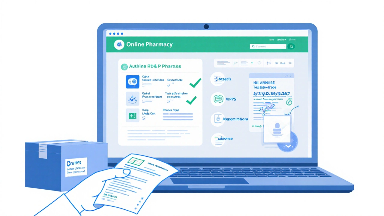 Illustrated checklist of a legitimate online pharmacy with address, VIPPS seal, and prescription upload.