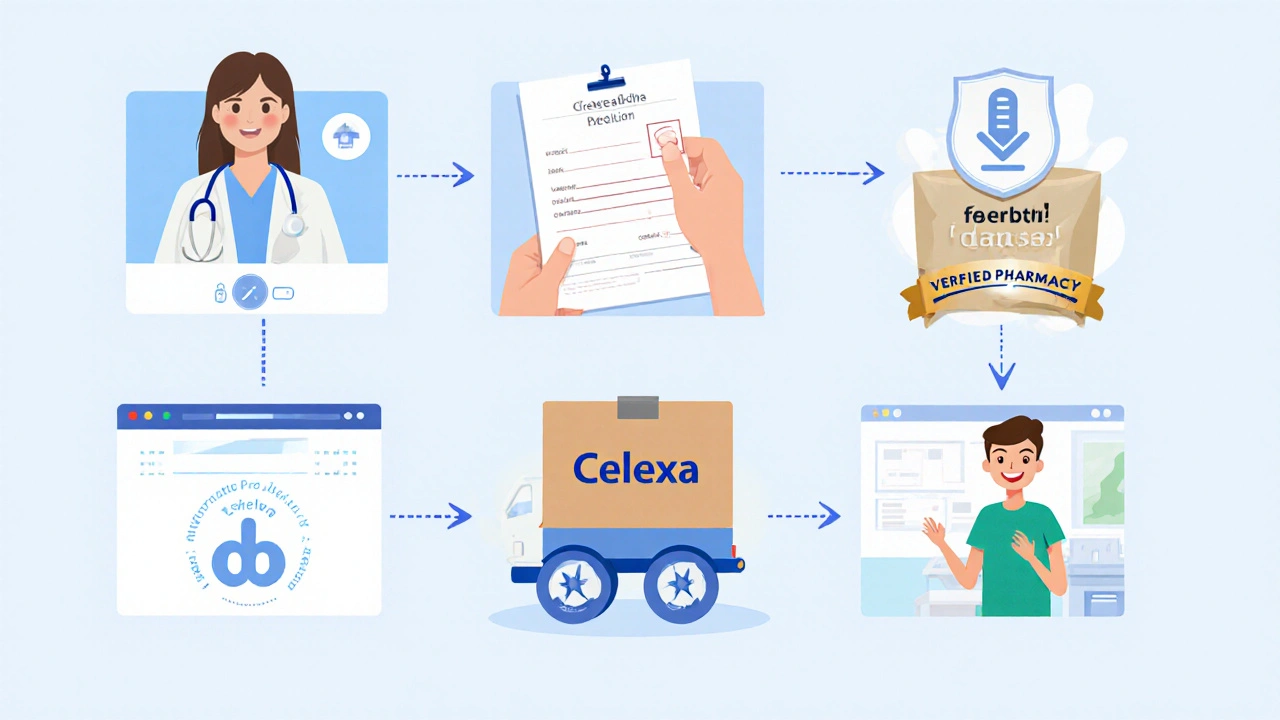 Illustrated steps of ordering generic Celexa online, from telehealth to delivery.