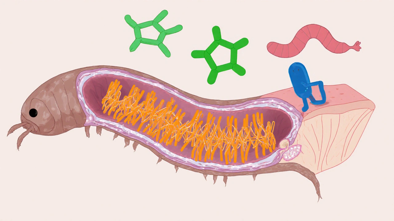Illustration of a worm’s microtubules broken by orange Albendazole molecules, with green Ivermectin and blue Praziquantel nearby.