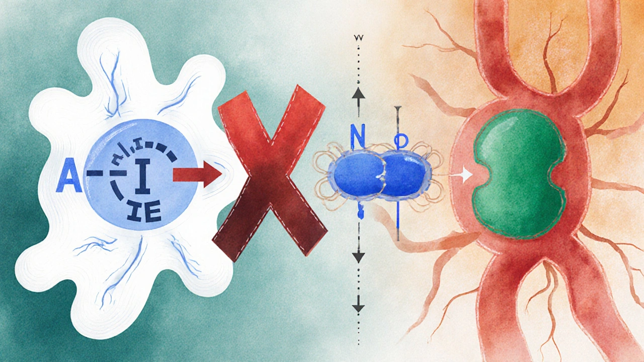 Illustration of ACE inhibitor and ARB blocking blood pressure pathways.