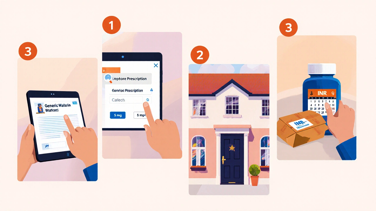 Illustration of ordering warfarin online: uploading prescription, selecting dosage, delivery, and INR test reminder.