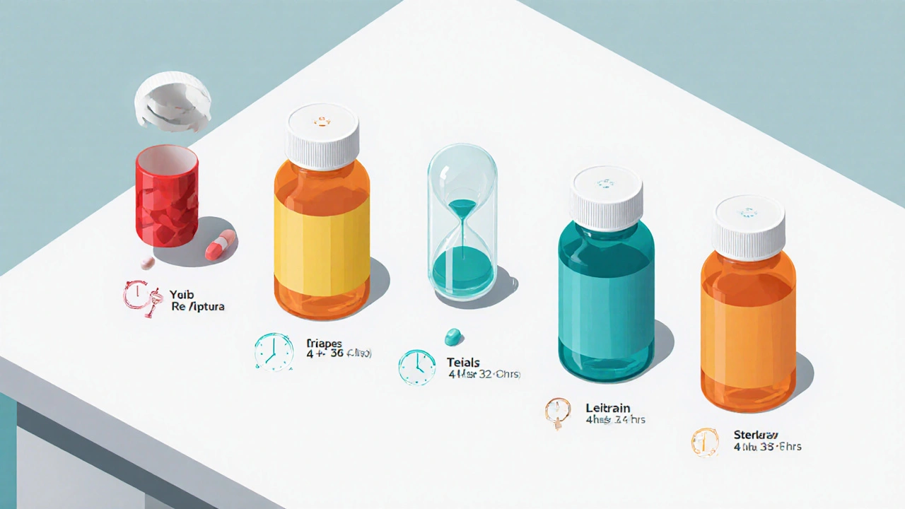 Isometric desk with bottles of four ED meds and subtle clock icons.