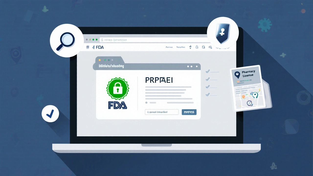 Laptop screen showing a safe pharmacy site with FDA seal, lock icon, and checklist icons.