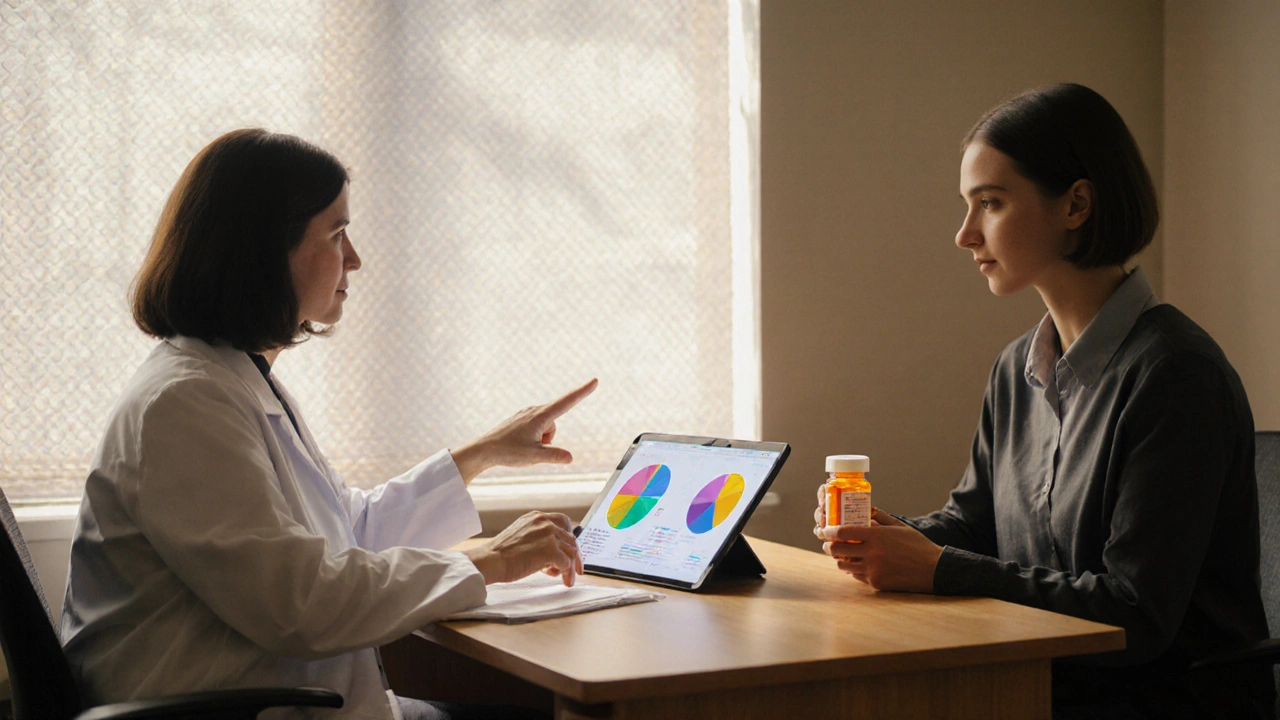 Patient and doctor discussing medication choices in a lighted office.