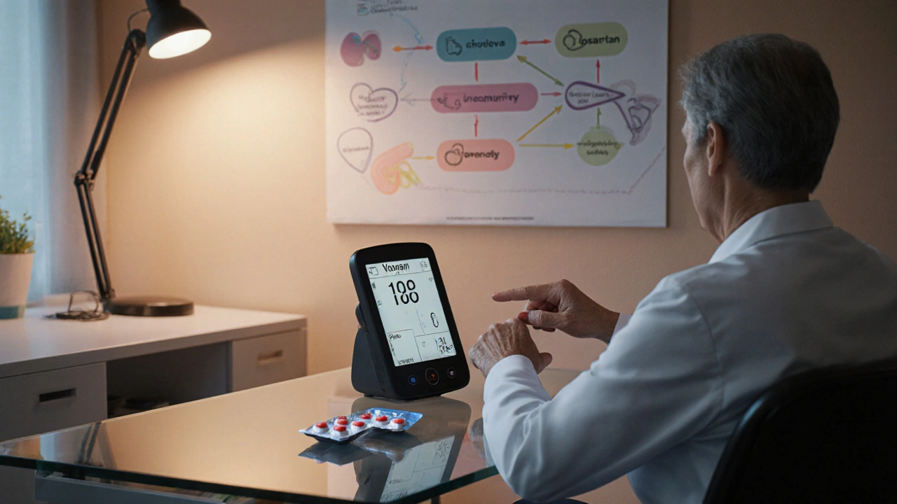Patient and doctor reviewing blood pressure with Voveran and Losartan packs on a table.