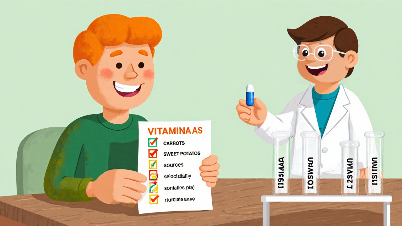 Person checking vitamin A foods while a clay doctor shows liver test tubes.