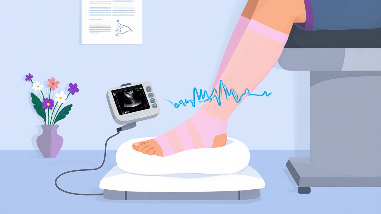 Pregnant leg elevated with compression stockings and Doppler ultrasound device in clinic setting.