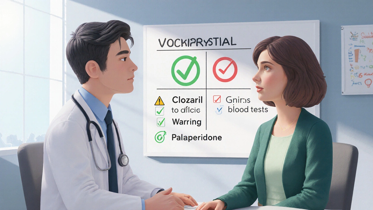 Psychiatrist and patient reviewing medication options on a whiteboard in a calm office