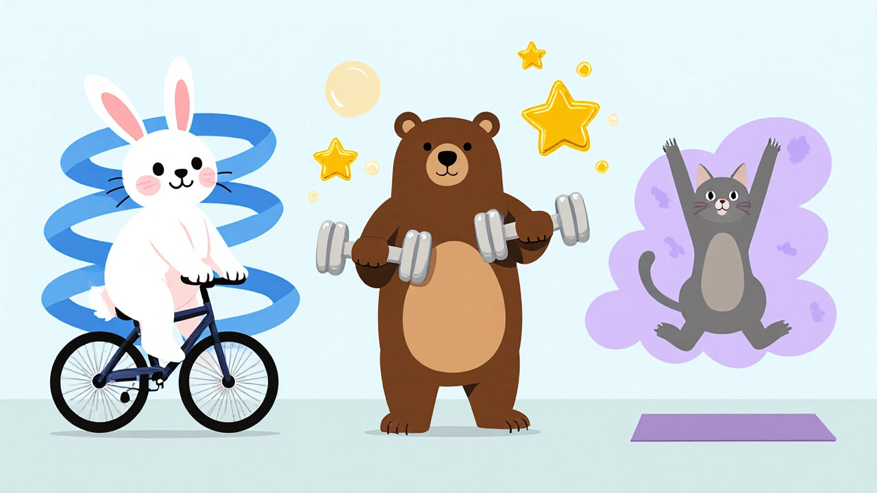 Rabbit biking, bear lifting weights, and cat doing yoga showing health benefits.