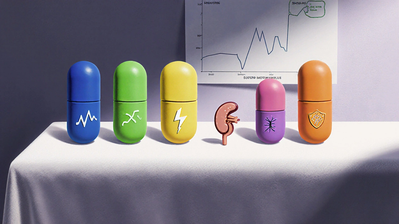 Six clay pill figures each with a unique symbol for different antiarrhythmic drugs on a bedside tray.