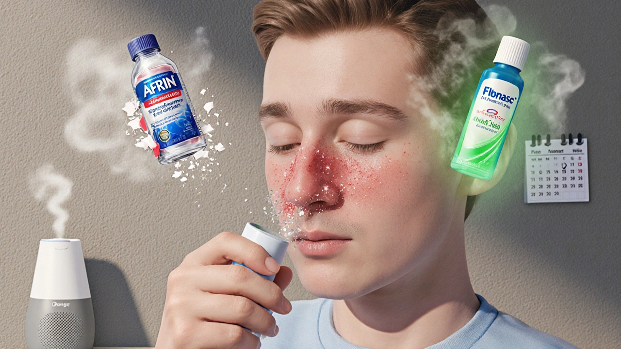 Someone using saline rinse to heal their nose, with one side clearing while a decongestant bottle crumbles away.