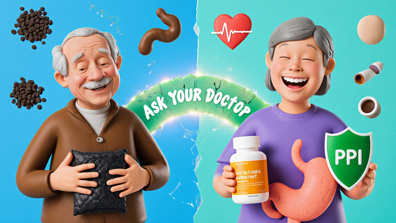 Split scene: left shows symptoms of GI bleeding, right shows safe pain management with PPI protection in clay style.