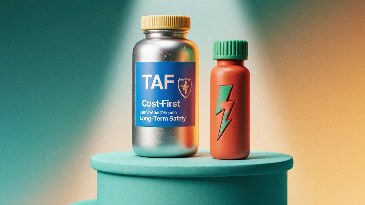 Three-tiered podium with clay pill bottles representing cost, safety, and potency.