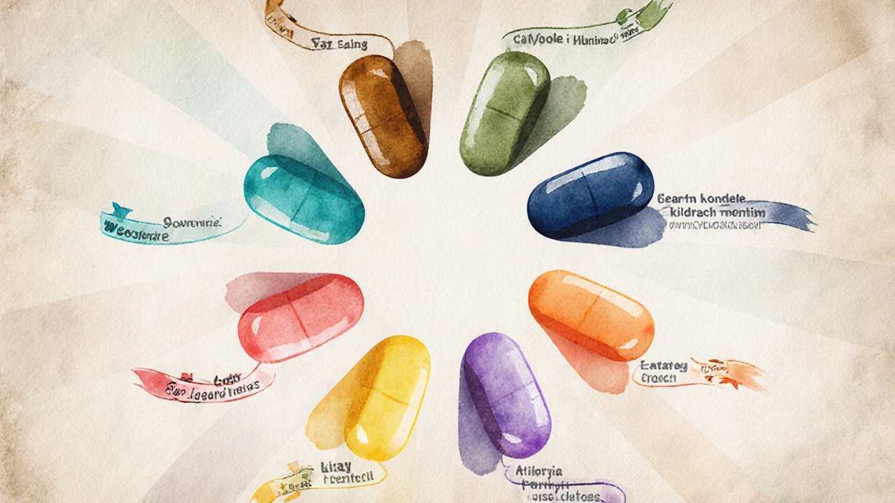 Watercolor wheel of eight pill icons with colored ribbons representing drug attributes.
