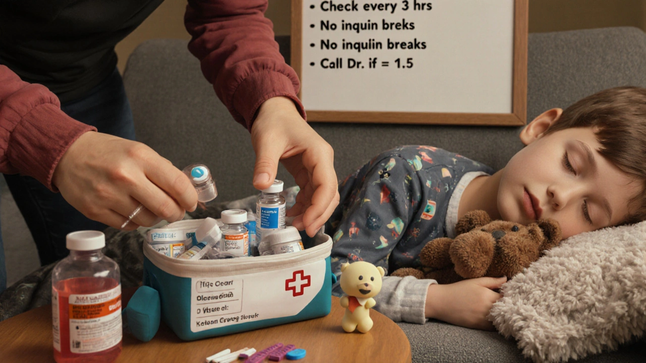 A family organizing a diabetes sick-day kit with insulin, fluids, and glucose tablets.