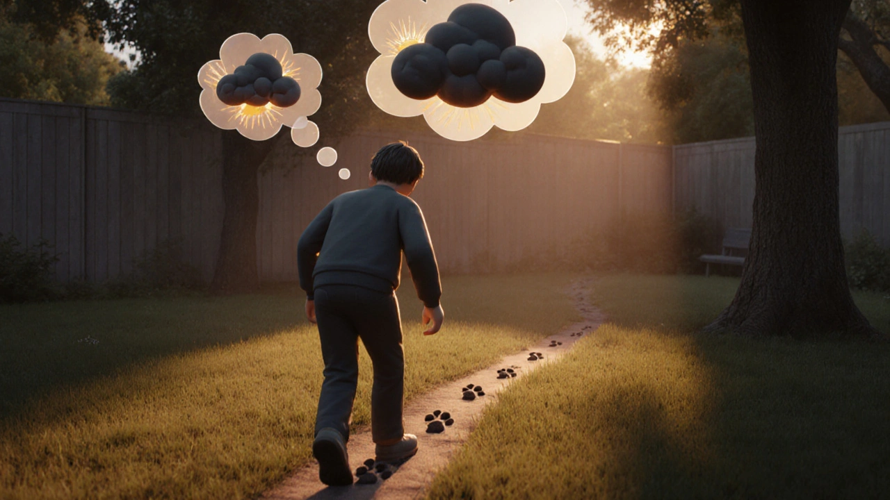 A person taking a slow 2-minute walk as dark thought clouds turn into suns above them, at dawn in a backyard.